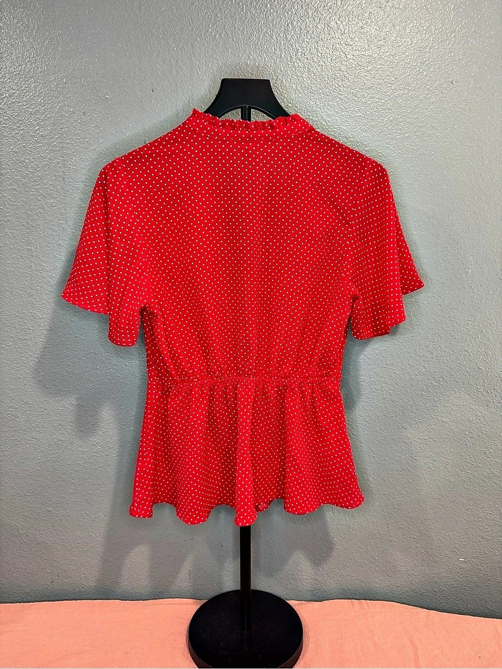 Monteau Red Polka Dot Wrap Peplum Blouse Flutter Sleeve Large - Picture 3 of 5